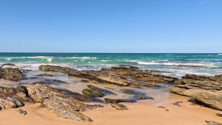 Vagues déferlantes sur une plage rocheuse sous un ciel dégagé