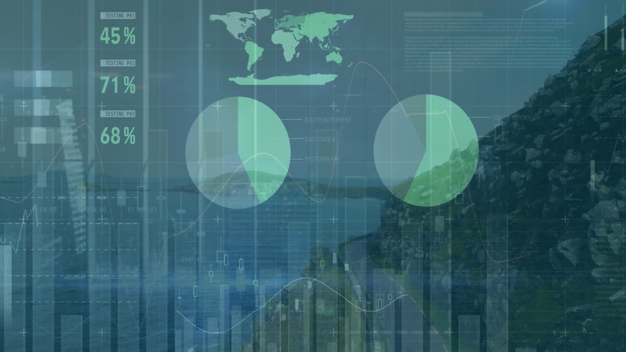 Semi-transparent green pie charts rotating over coastal scene, linking testing data with grid lines