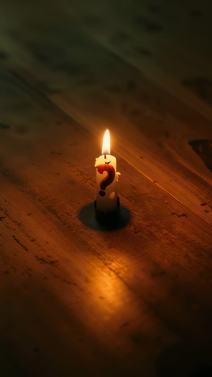 Vertical video: Zooming out camera, white candle red? flickering on wood table revealing wax pool