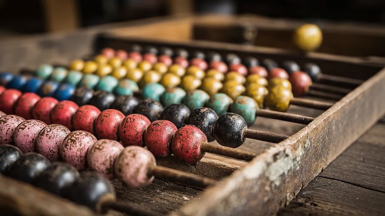 Old wooden abacus with colorful beads on a rustic table