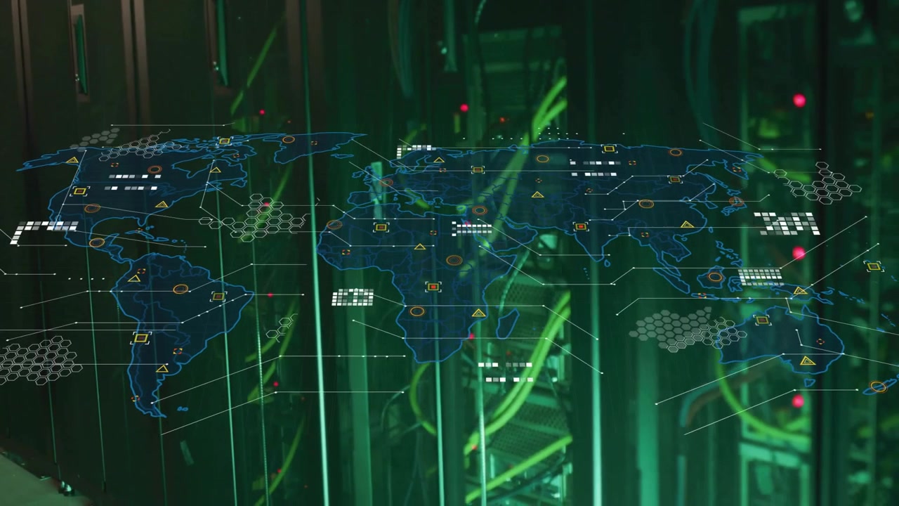 Server rack LEDs initiating animation as global map expanding showing pulsing nodes monitoring data