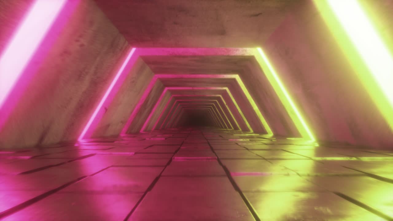 volando en un túnel futurista con luces fluorescentes ultravioletas