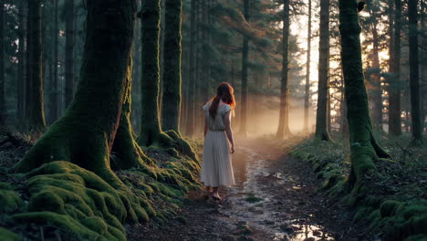 woman walking in a mystical forest at sunset