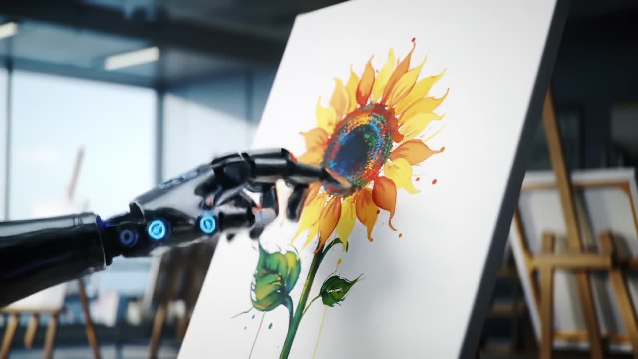 A Robotic Hand Skillfully Enhancing a Sunflower Painting with Vivid Colors and Creative Expressions in an Artistic Studio Setting