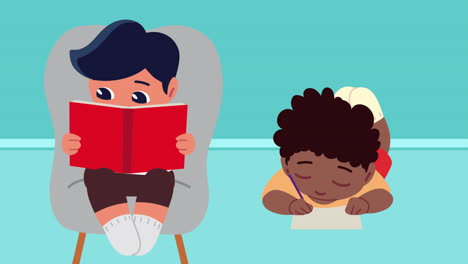 estudiantes pequeños estudiando caracteres