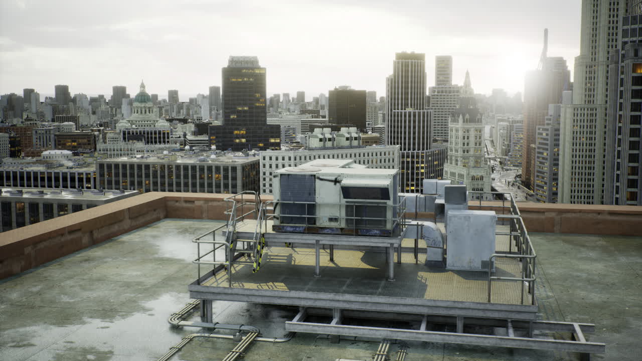 City skyline view from rooftop with industrial equipment and urban landscape