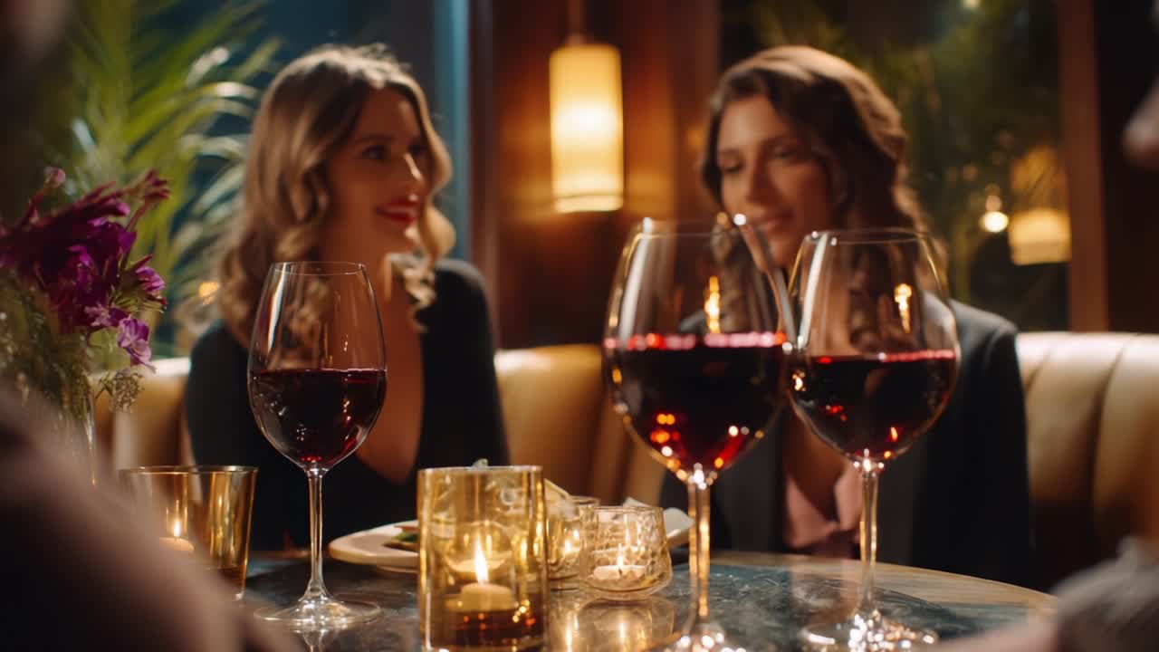 Two friends enjoying an intimate evening at a cozy restaurant bar, sharing laughter and conversations over glasses of red wine, complemented by dim lighting and ambient decor that enhances the atmosphere