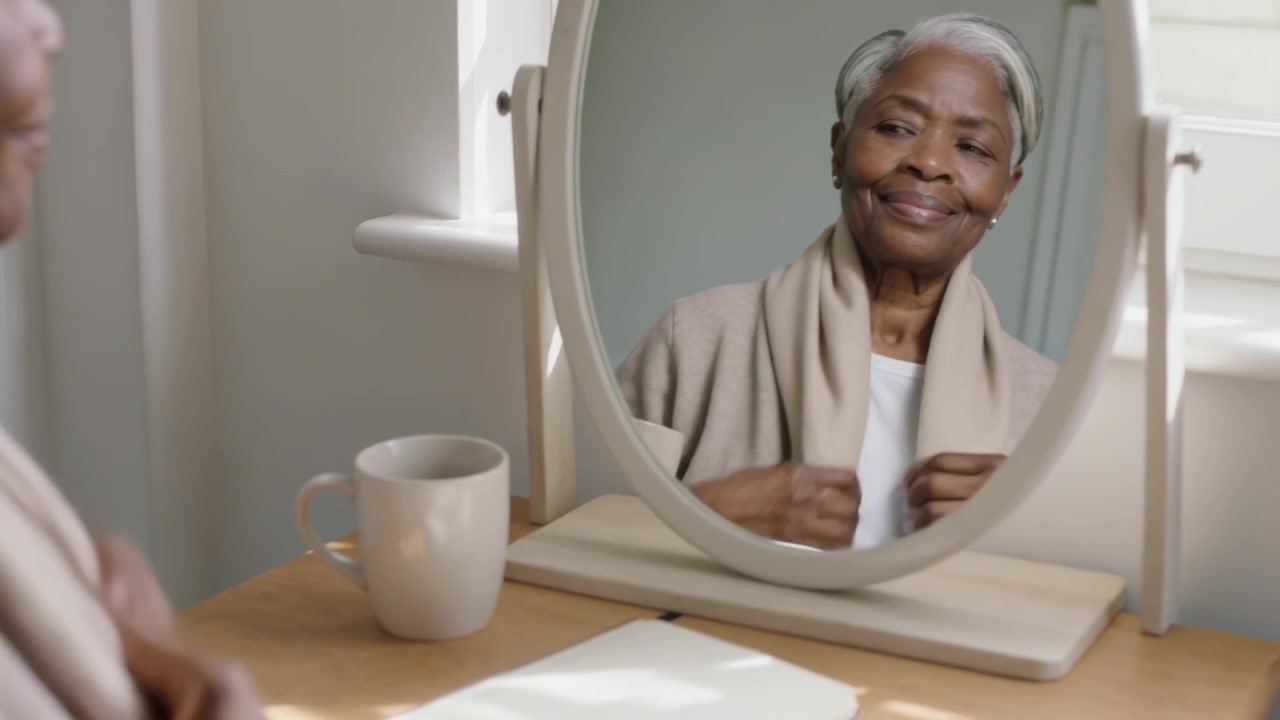 Lifting scarf, senior woman adjusting beige wrap at vanity mirror, mug, notebook, getting ready