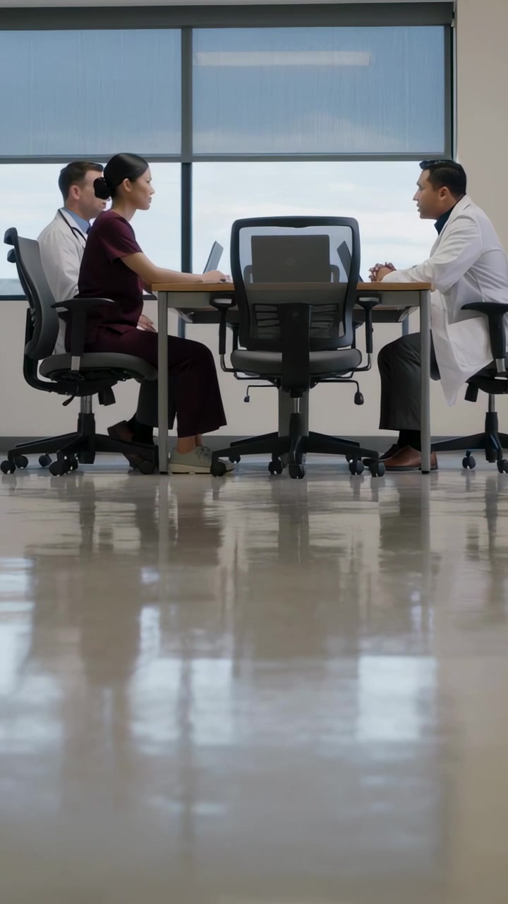 Video verticale: Infermiera in camice che inizia una riunione digitando al portatile in clinica, con un medico in camice bianco che risponde