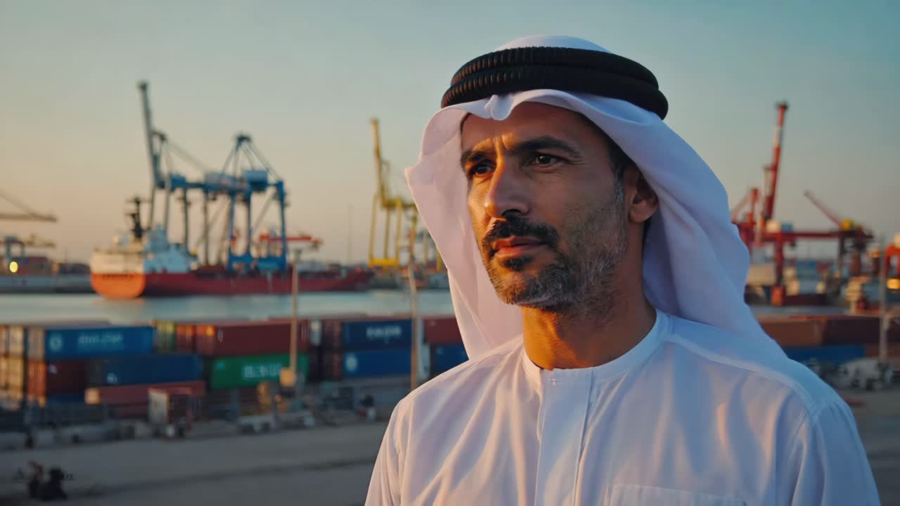 Uomo con abiti tradizionali arabi in un porto container