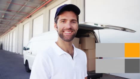 animation of the words free delivery over man with clipboard, delivering goods