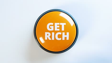 concept of getting rich fast. woman pushing glossy money button to become richer. earn easy money and wealth. simple way to make cash. history of success. passive source of income. money making course