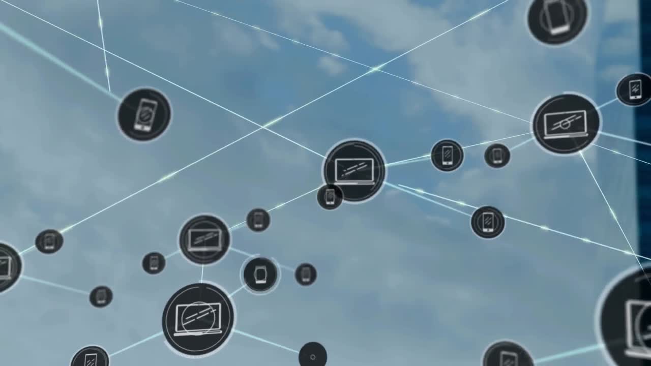 Network of digital icons against clouds in the blue sky