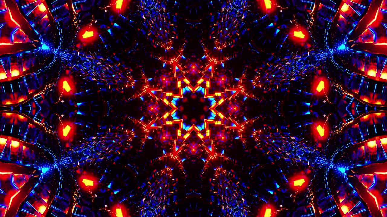 volando a través de un túnel de cubos de metal azul y naranja. ciclo de caleidoscopio vj.