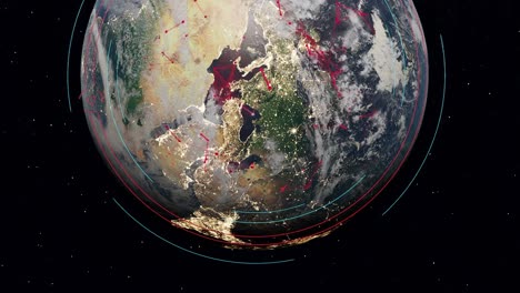 space view of planet earth spinning with tech earth globalization networking, red line lights transmit data, transfer speed data internet, main metropolitan smart city