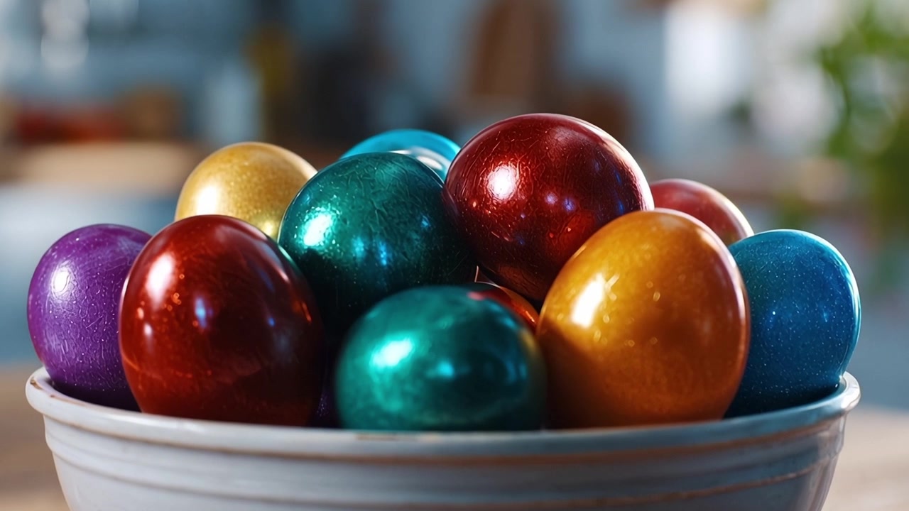 Ovos de Páscoa Metálicos Vibrantes em uma Tigela sobre uma Mesa de Madeira.