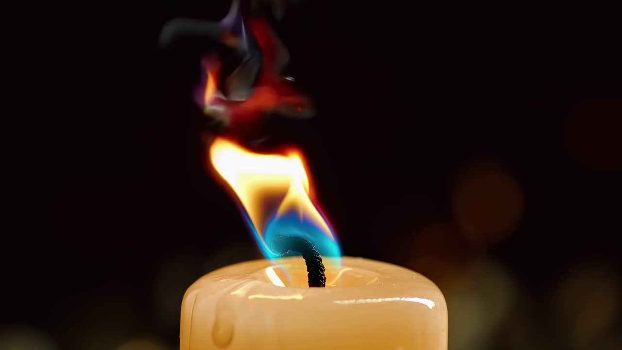Nahaufnahme einer Kerze mit einer leuchtend blauen und orangefarbenen Flamme, perfekt für ein beruhigendes Video