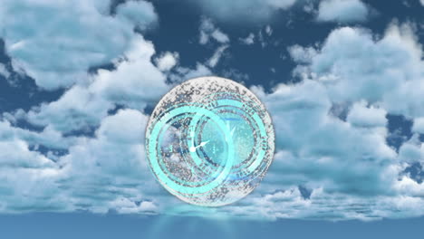 animación del reloj azul sobre el cielo nublado