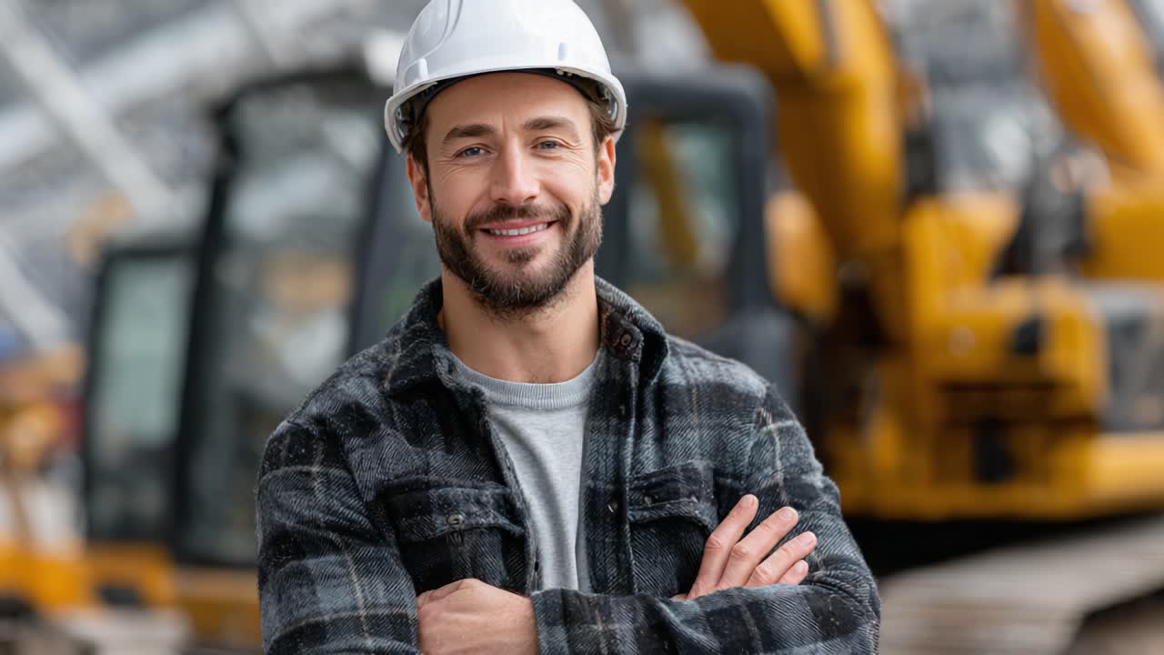 Confident Construction Worker Smiling at the Job Site, Ready to Tackle Challenges with Expertise and Professionalism in a Dynamic Work Environment