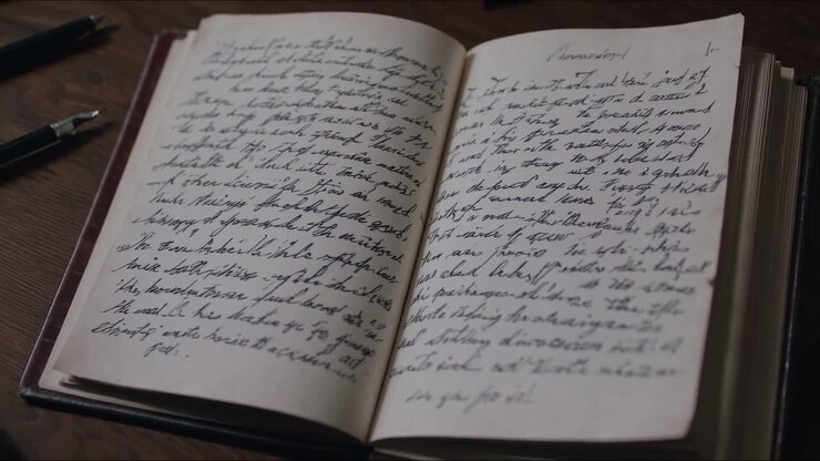 Primer plano de un diario manuscrito sobre un escritorio de madera vintage.