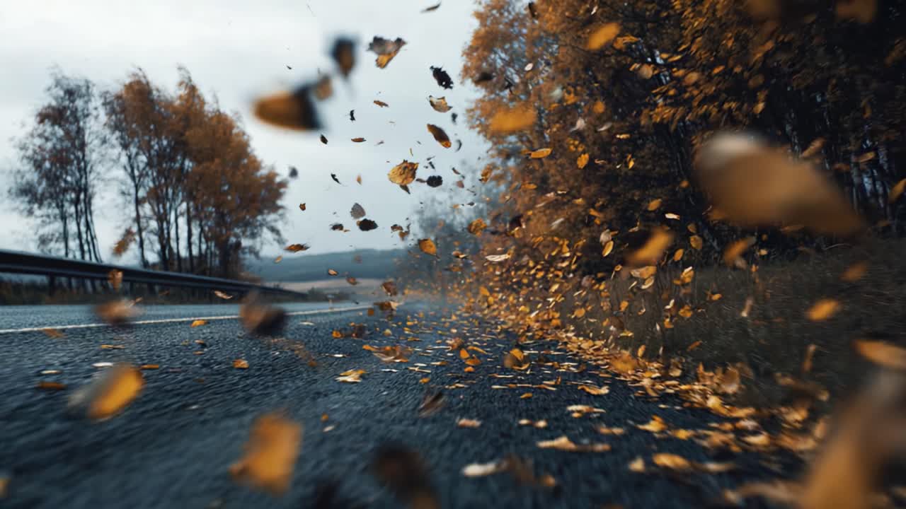 A Serene Autumn Scene: Capturing the Beauty of Falling Leaves on an Empty Country Road Lined with Brilliant Fall Foliage Under a Gloomy Sky