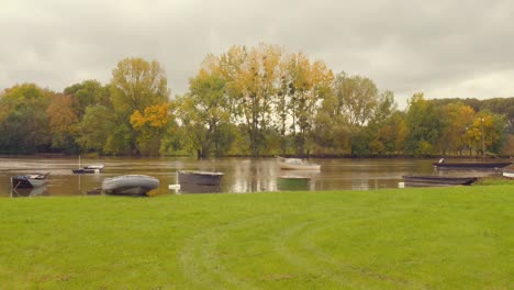 capturing of boats halted by the banks of maine river in angers, france with lush greenery at bacxkground.