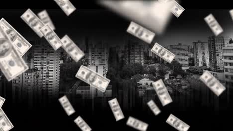 animation of banknotes floating over cityscape