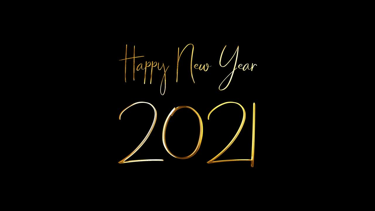 Happy New Year 2021 bright golden handwriting text with light glowing effect animation isolated with alpha channel Quicktime Prores 444 encode. 4K 3D seamless loop typography design.