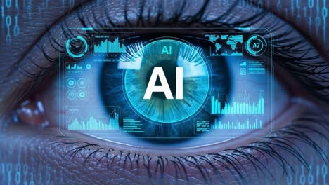 a high-tech representation of the human eye with augmented reality elements displaying artificial intelligence data and graphs for futuristic insights
