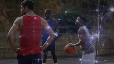 animación de la red de conexiones sobre jugadores de baloncesto al aire libre