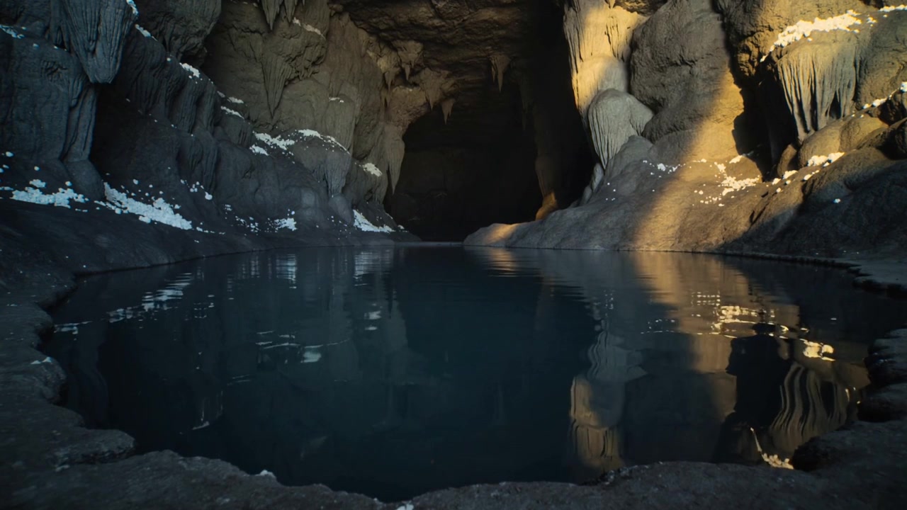 Inquadrando l'ingresso di una grotta e una pozza calma con un basso livello dell'acqua, la luce del sole che entra causa lente increspature.