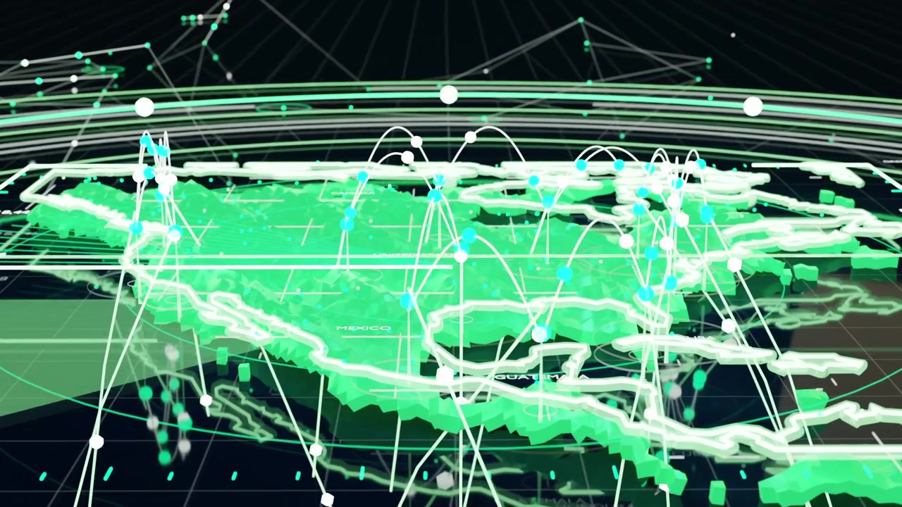 Holo dashboard projecting 3D map labeled NORTH AMERICA on dark plane, sector sweeping starting arcs