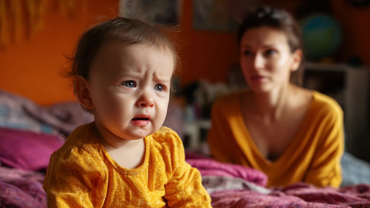 A Heartfelt Moment: A Baby's Emotional Expression and a Mother's Watchful Presence Captured in a Cozy Room Filled with Soft Textiles and Warm Colors