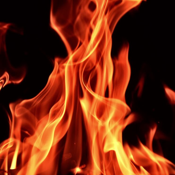 Una hermosa llama de fuego que se eleva en la oscuridad. Parte superior de una hoguera encendida sobre un fondo negro. Primer plano