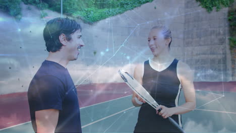 animation of network of connections over female and male tennis player at tennis court