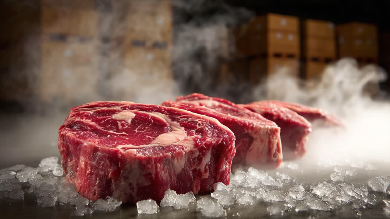 Squisiti tagli di manzo fresco esposti sul ghiaccio con un vapore mistico, che evidenziano la ricca marmorizzazione e la qualità della carne in un ambiente rustico.