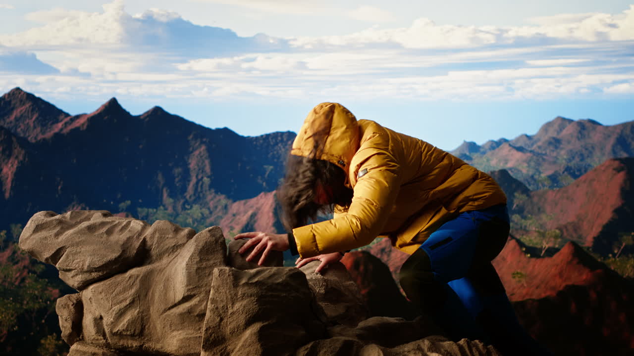 un excursionista tonto tropezando y perdiendo el equilibrio en el pico de la montaña rocosa