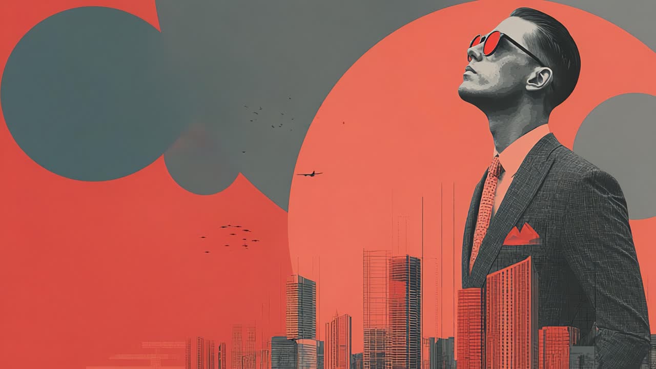 Stylized animation of a confident businessman in sunglasses looking towards the future, with a modern city skyline and abstract graphic elements representing ambition and corporate success