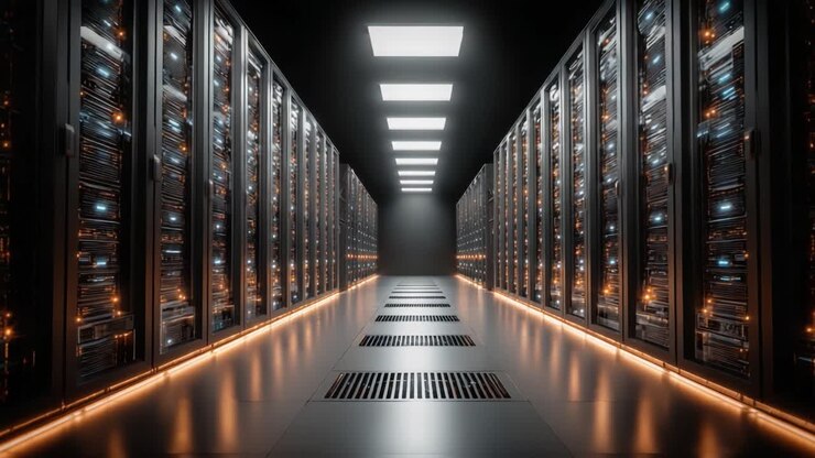 A Stunning Perspective of a Modern Data Center Highlighting Advanced Server Racks and Complex Technology in a Dark Environment with Illuminated Pathway