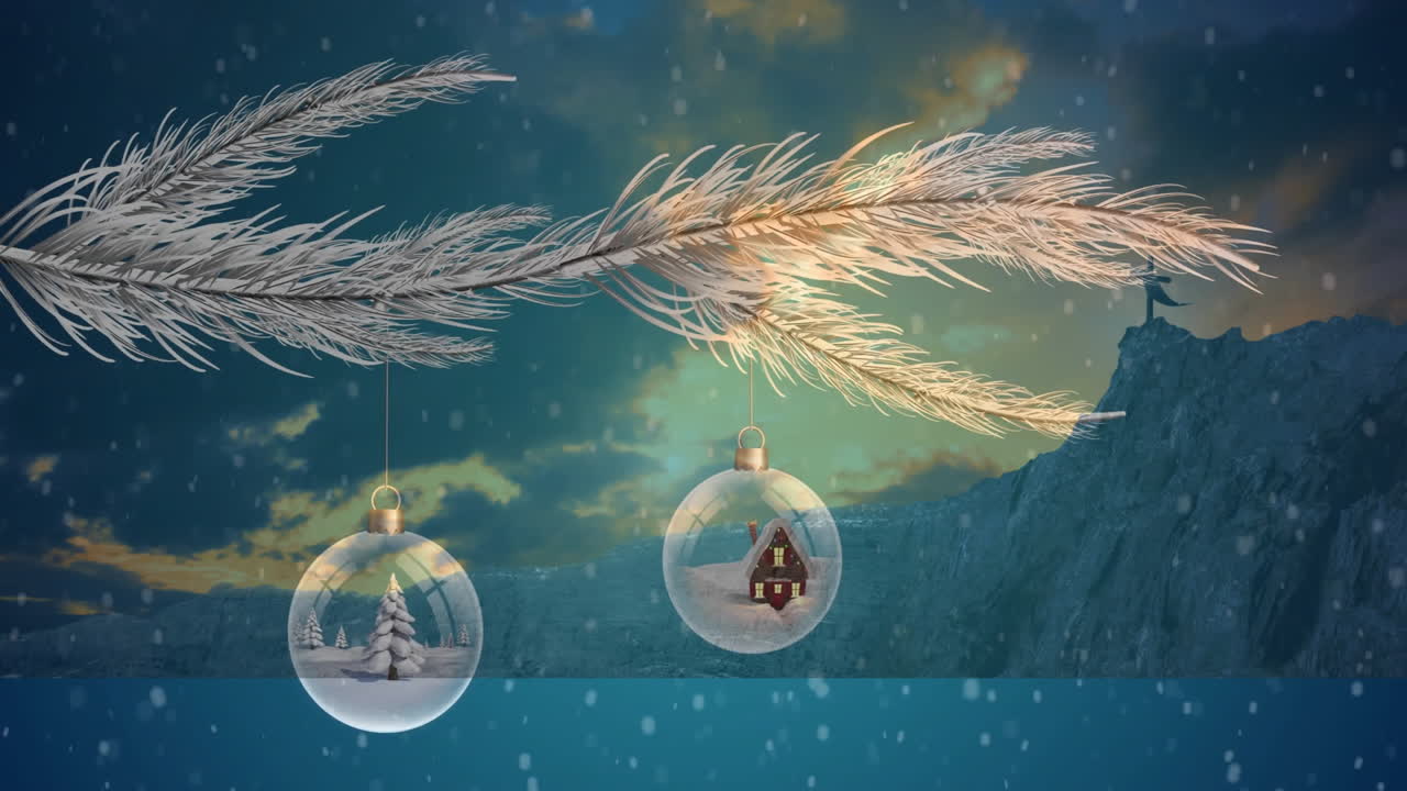 Hanging from frosted branches, Christmas ornaments with winter scenes in snowy landscape