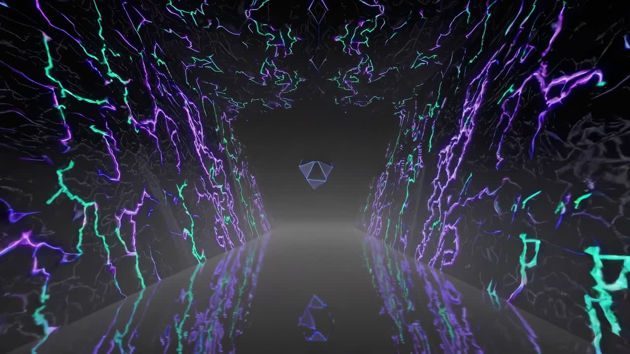 Abstract Futuristic Tunnel with Neon Lighting and Geometric Object