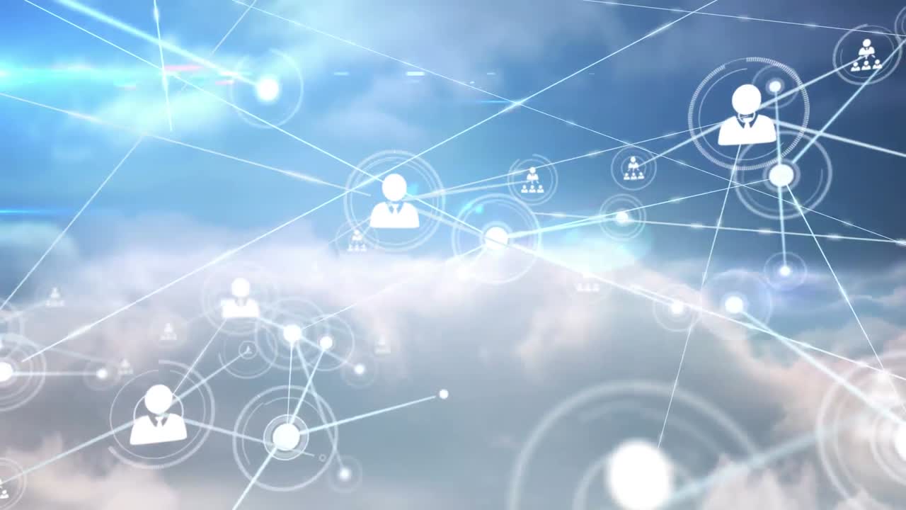 구름이 있는 하늘 위의 아이콘으로 연결된 네트워크의 애니메이션