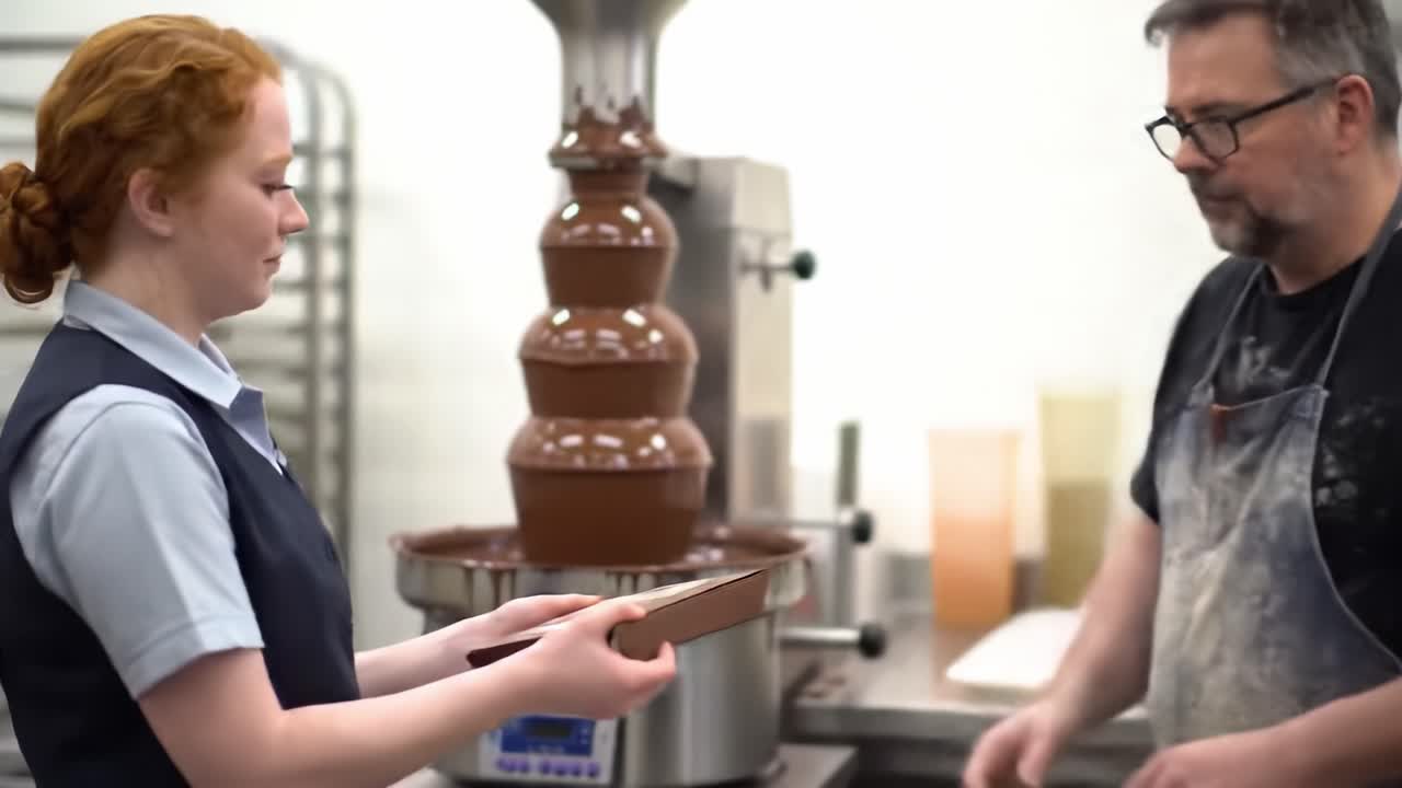 An enthusiastic aspiring chef engages in a hands-on chocolate fountain demonstration with a skilled chocolatier.
