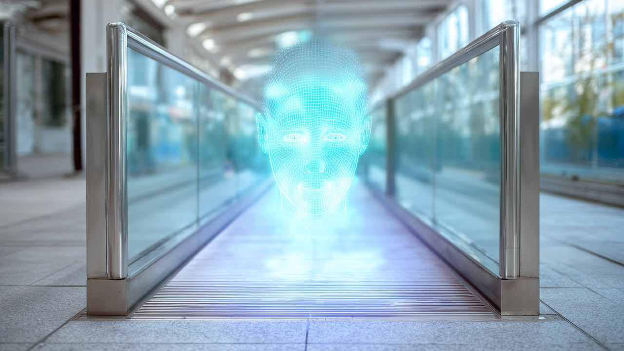 Digital display in a modern public space. A futuristic digital display shows interactive information in a bustling urban area during the daytime