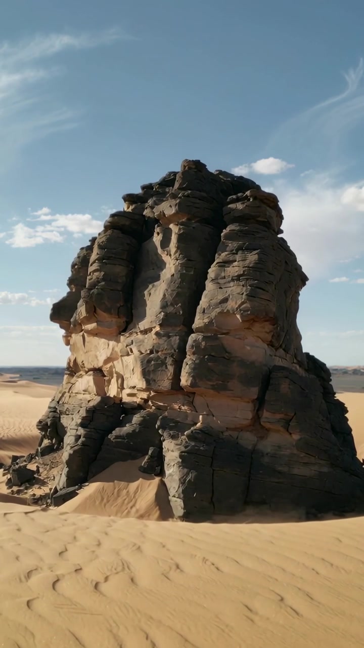 Video verticale: Telecamera che si avvicina a un affioramento roccioso tra le dune di sabbia, mostrando increspature e dimensioni.