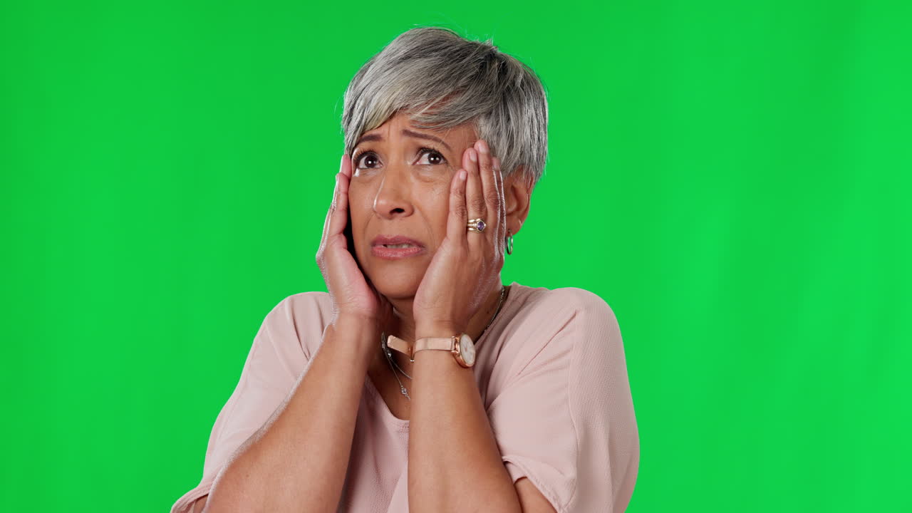 Green screen, anxiety and senior woman with worry