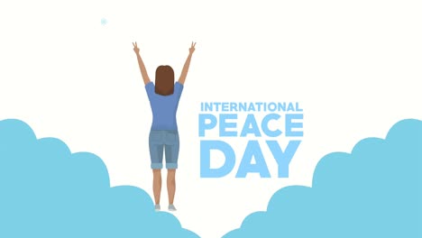 letra del día internacional de la paz con una mujer celebrando