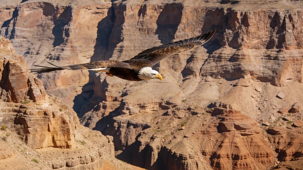 Aquila calva adulta in planata che entra da sinistra, superando un affioramento roccioso, scandagliando il canyon in cerca di preda.