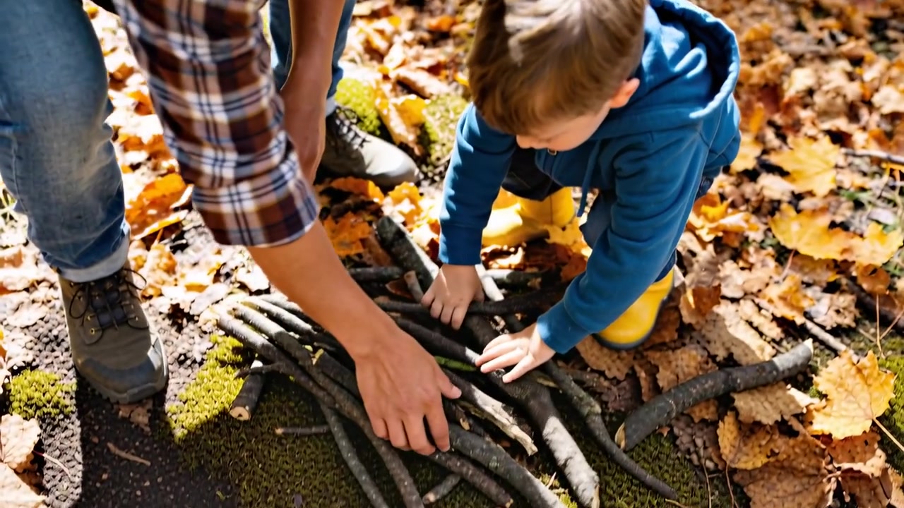 Enfant tendant la main pour attraper un bâton d'un adulte en chemise à carreaux sur le sol de la forêt, tous deux empilant du bois