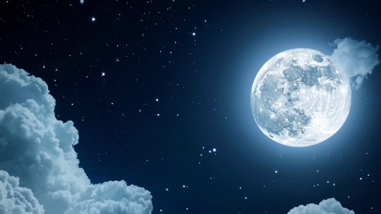 A serene night sky video scene with a low-angle view of a glowing full moon surrounded by stars